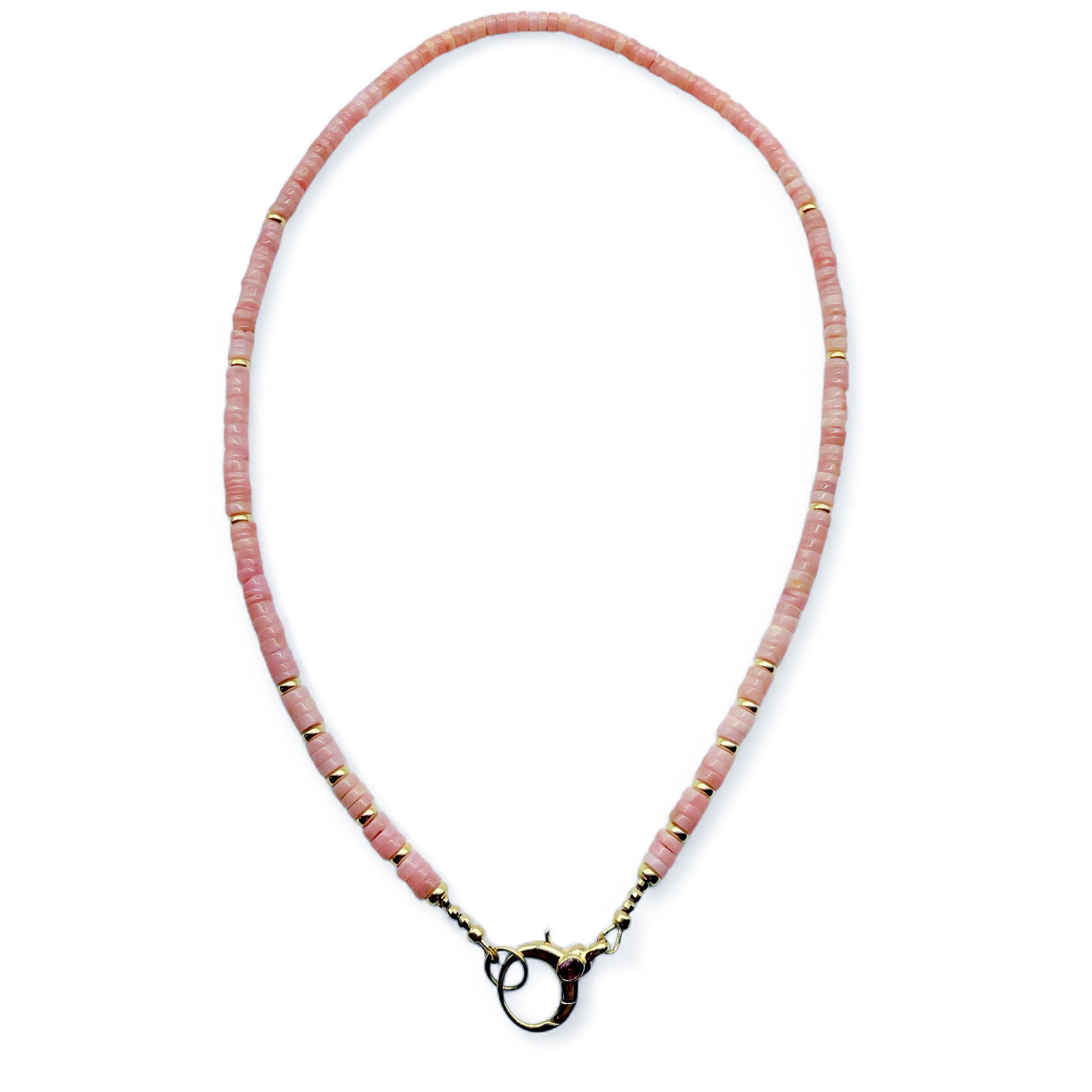 PINK OPAL NECKLACE WITH 14K GOLD AND PINK SAPPHIRE FRONT CLASP