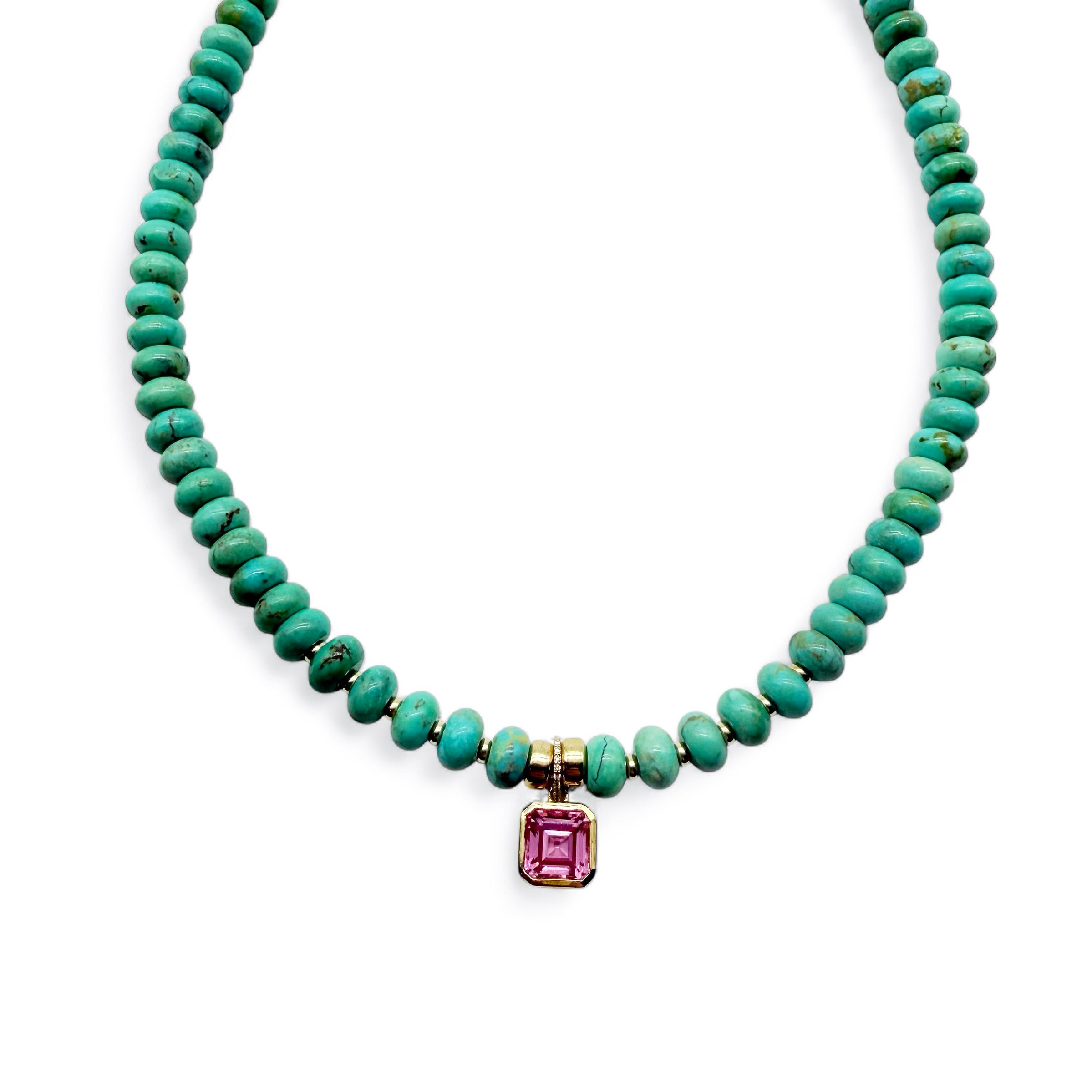 TURQUOISE GEMSTONE NECKLACE WITH PINK TOPAZ CHARM