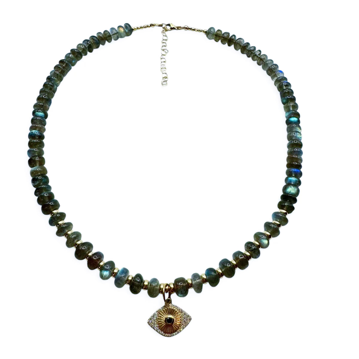 LABRADORITE & 14K GOLD & DIAMOND EVIL EYE NECKLACE