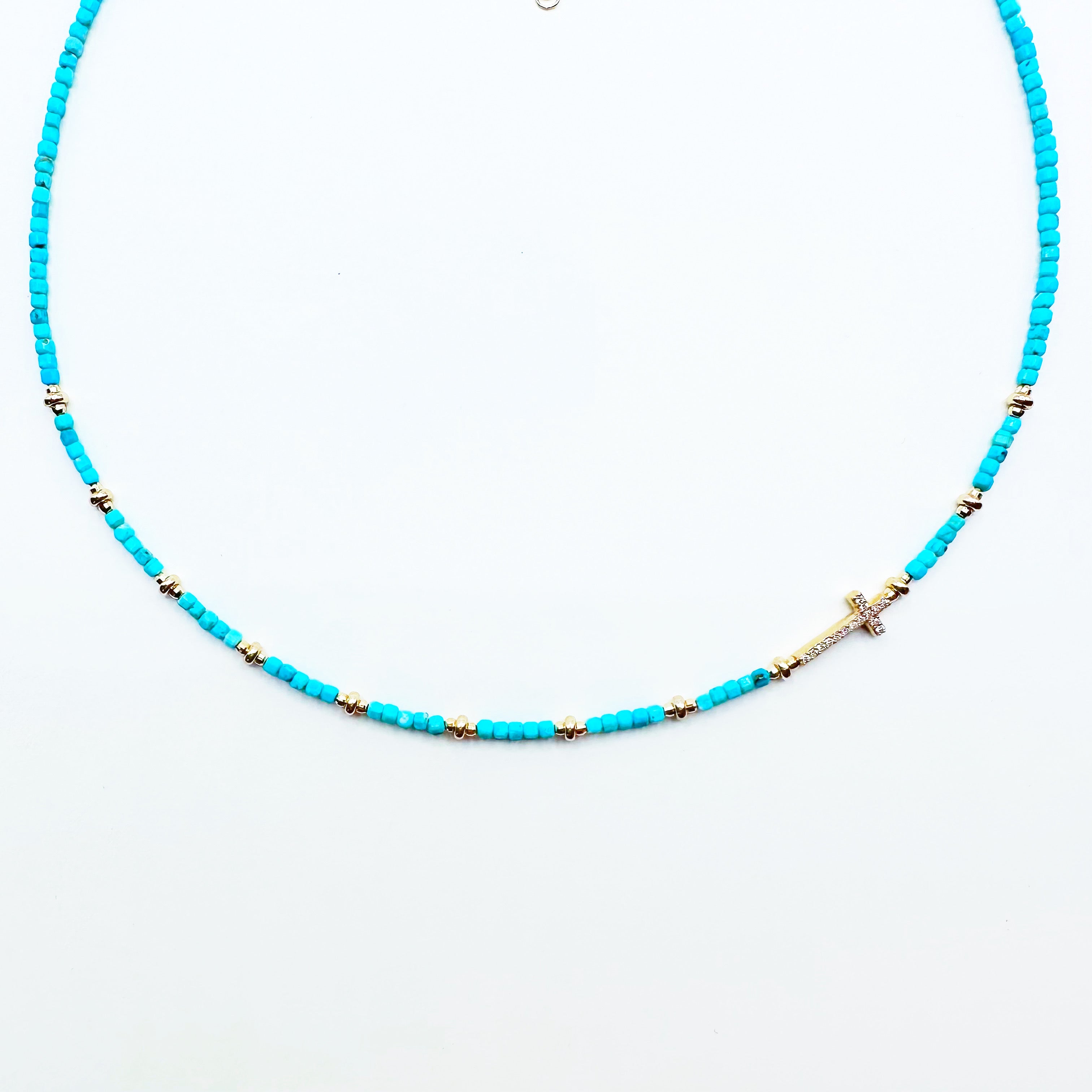 TURQUOISE NECKLACE WITH 14K GOLD & DIAMOND CROSS
