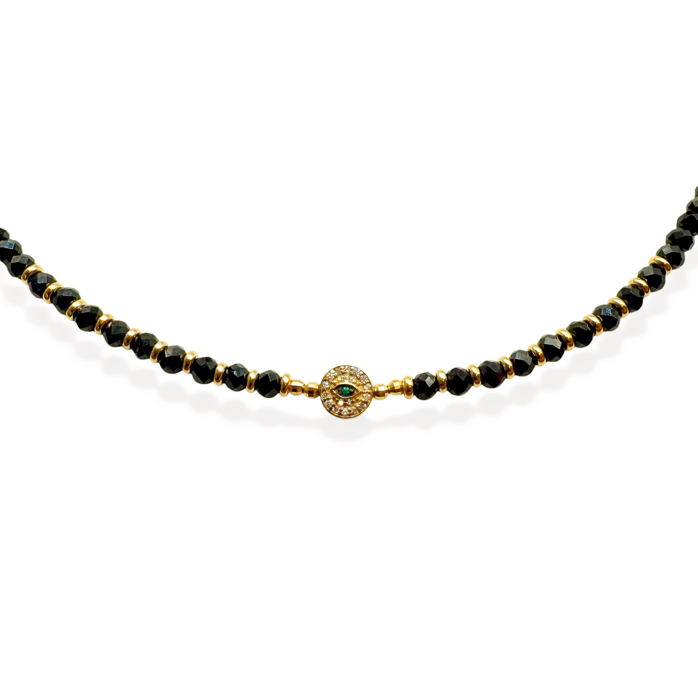 BLACK GEMSTONE 14K GOLD NECKLACE WITH DIAMOND EVIL EYE