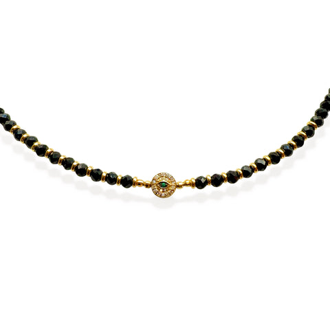 BLACK GEMSTONE 14K GOLD NECKLACE WITH DIAMOND EVIL EYE
