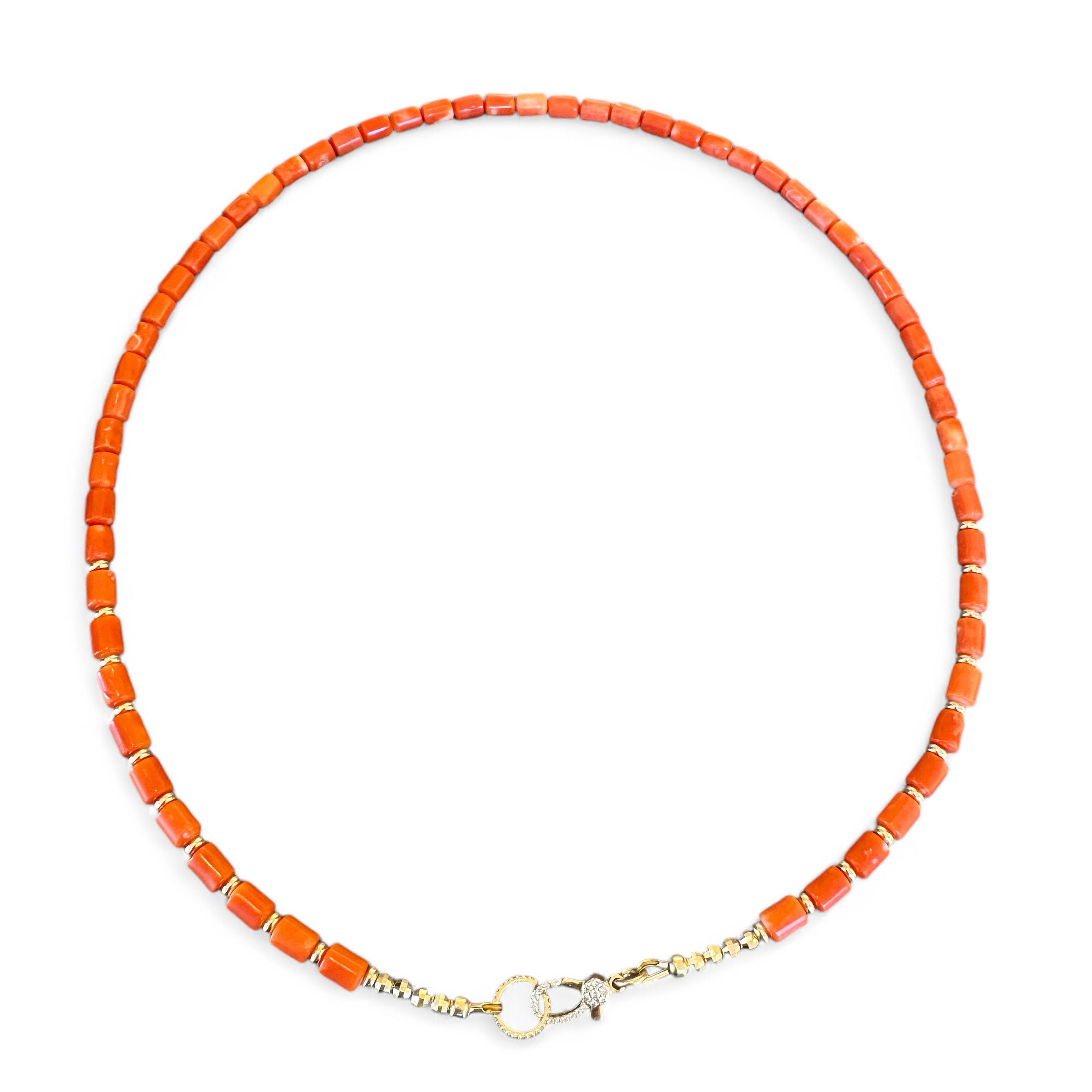 ORANGE VINTAGE CORAL NECKLACE WITH 14K GOLD AND DIAMOND FRONT CLASP