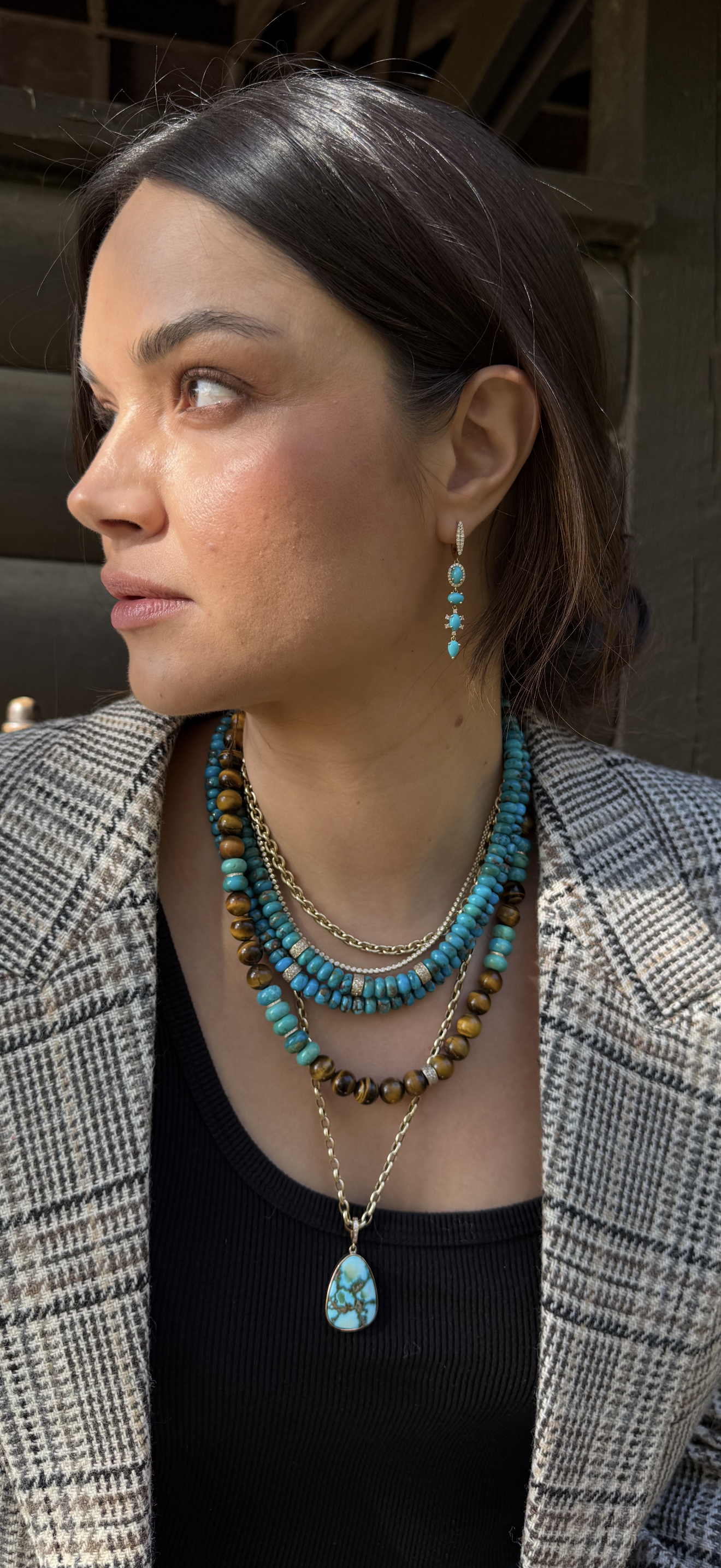 TIGERS EYE, TURQUOISE & DIAMOND BEADED NECKLACE