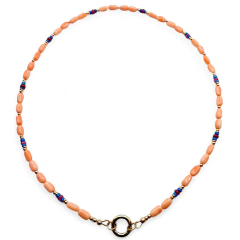 ANGEL CORAL, RUBY ADN 14K GOLD CHARM HOLDER NECKLACE