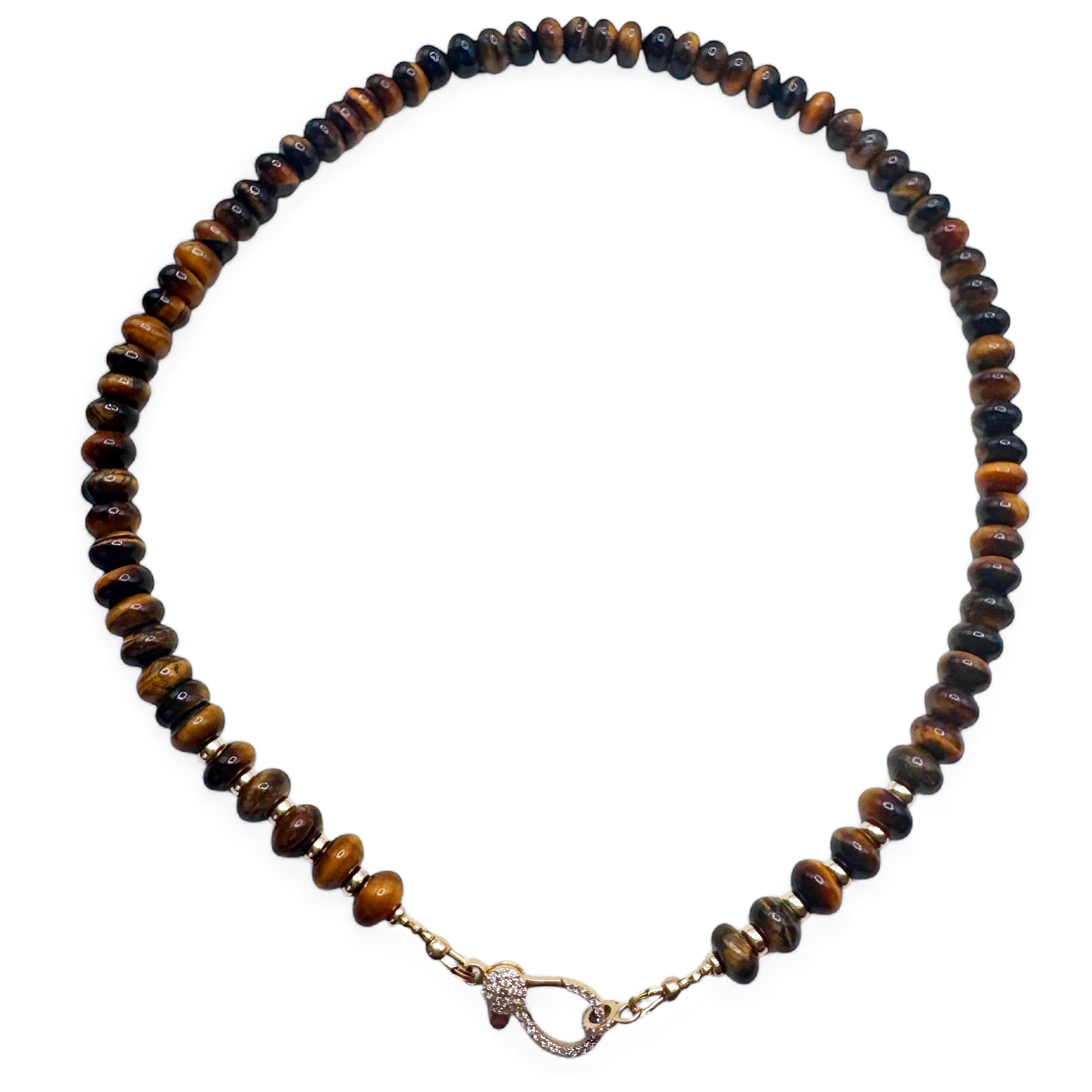 TIGERS EYE NECKLACE WITH 14K GOLD AND DIAMOND FRONT FACING CLASP