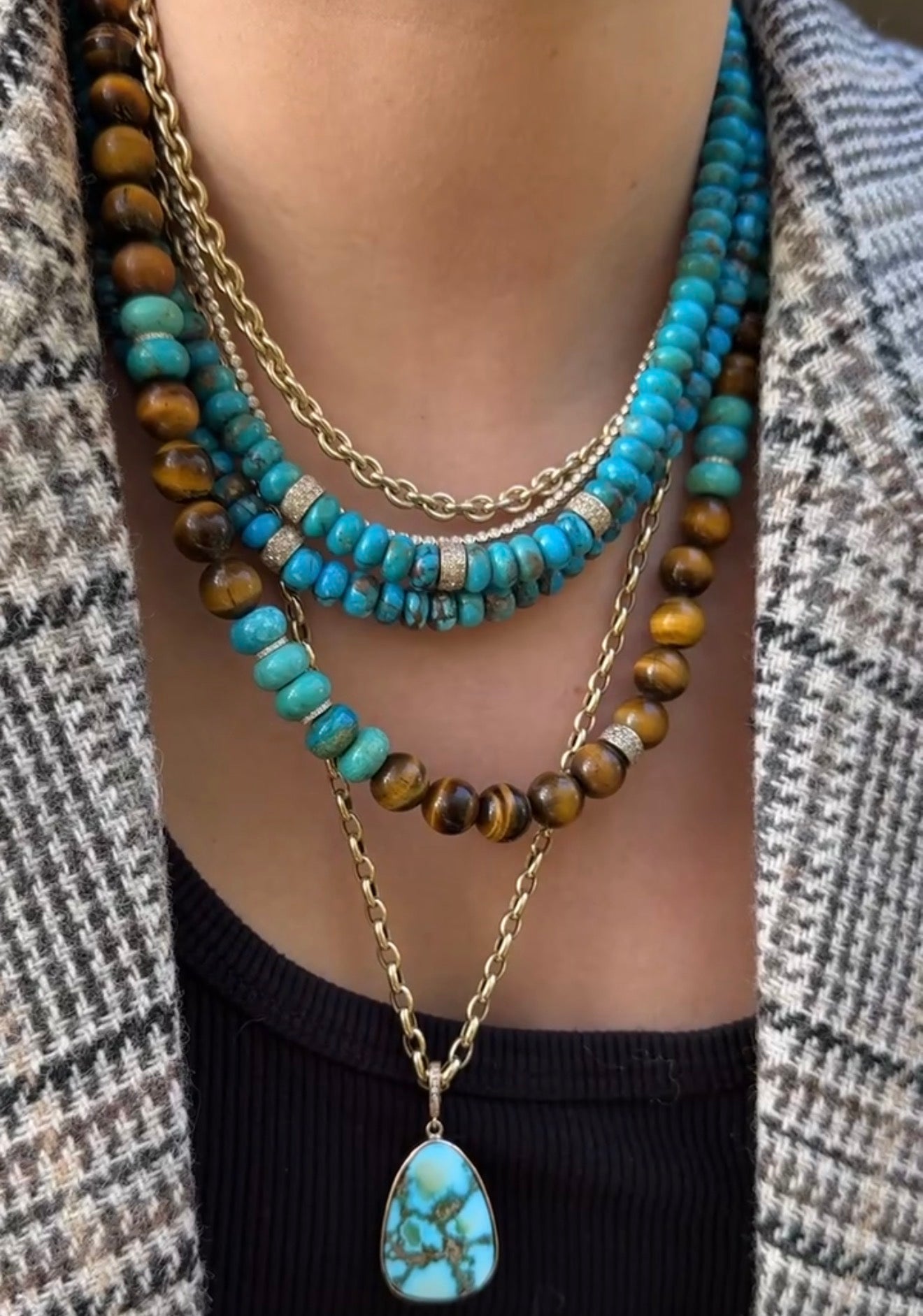 TIGERS EYE, TURQUOISE & DIAMOND BEADED NECKLACE