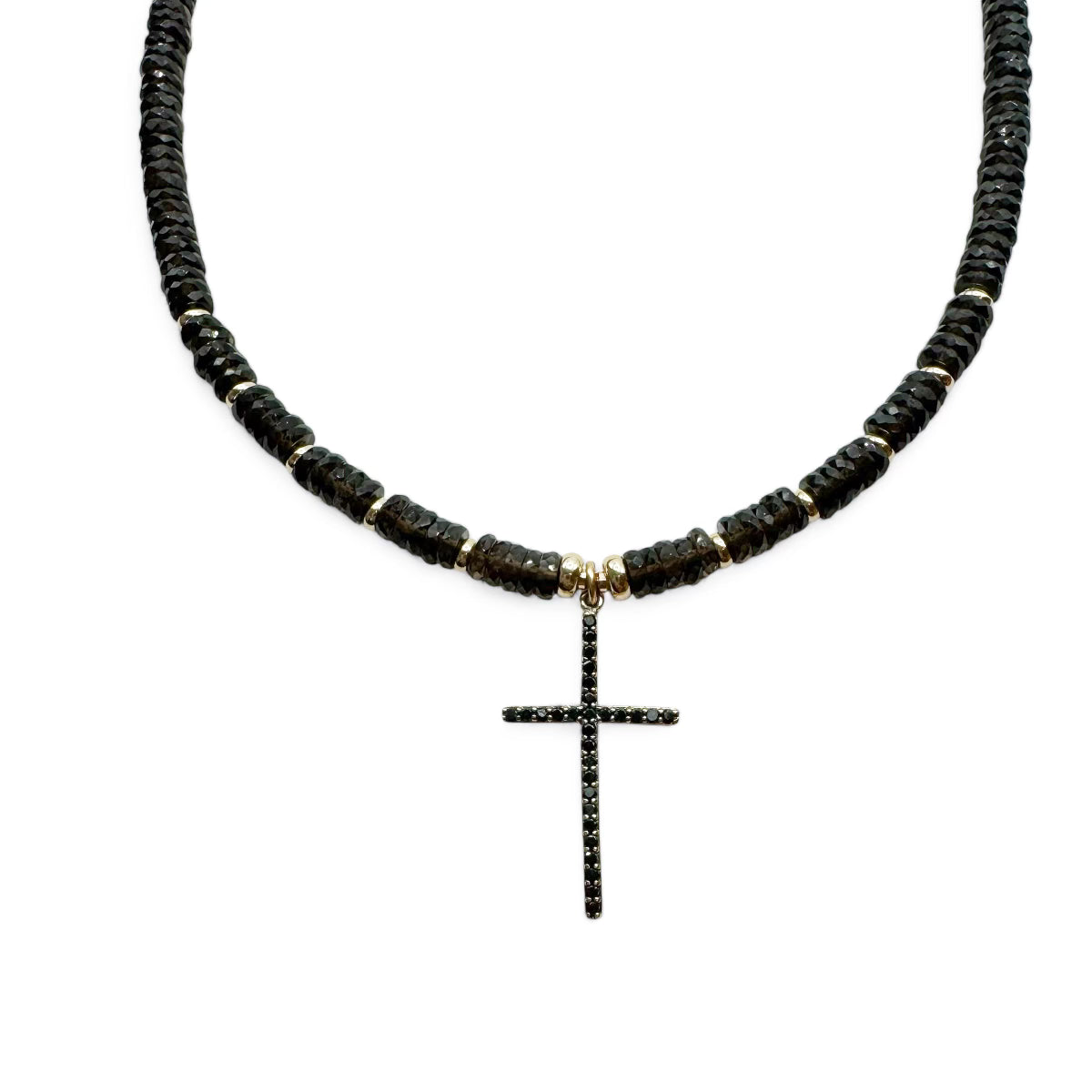 SMOKY QUARTZ NECKLACE WITH 14K GOLD AND BLACK DIAMOND CROSS