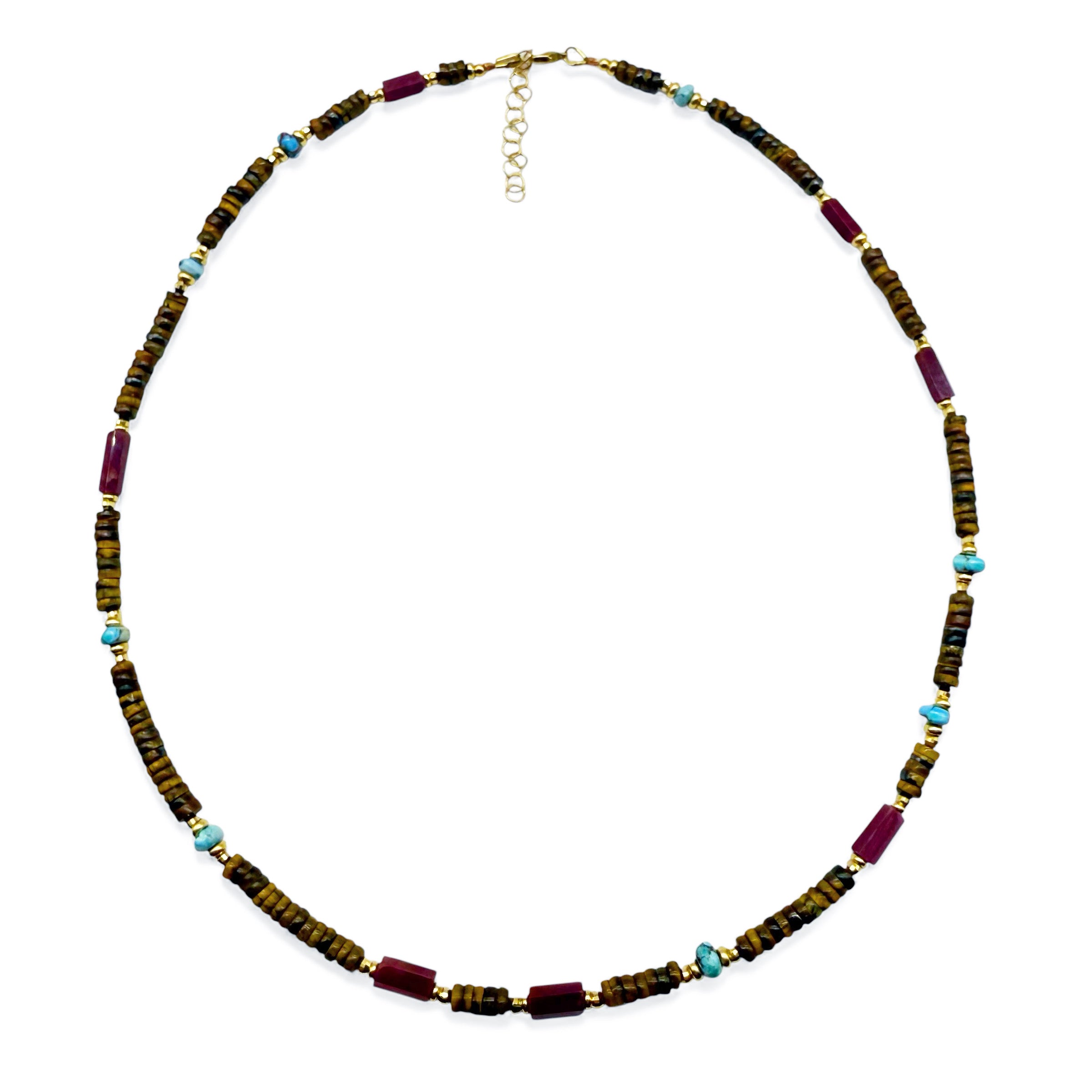 TIGER EYE, RUBY AND TURQUOISE NECKLACE