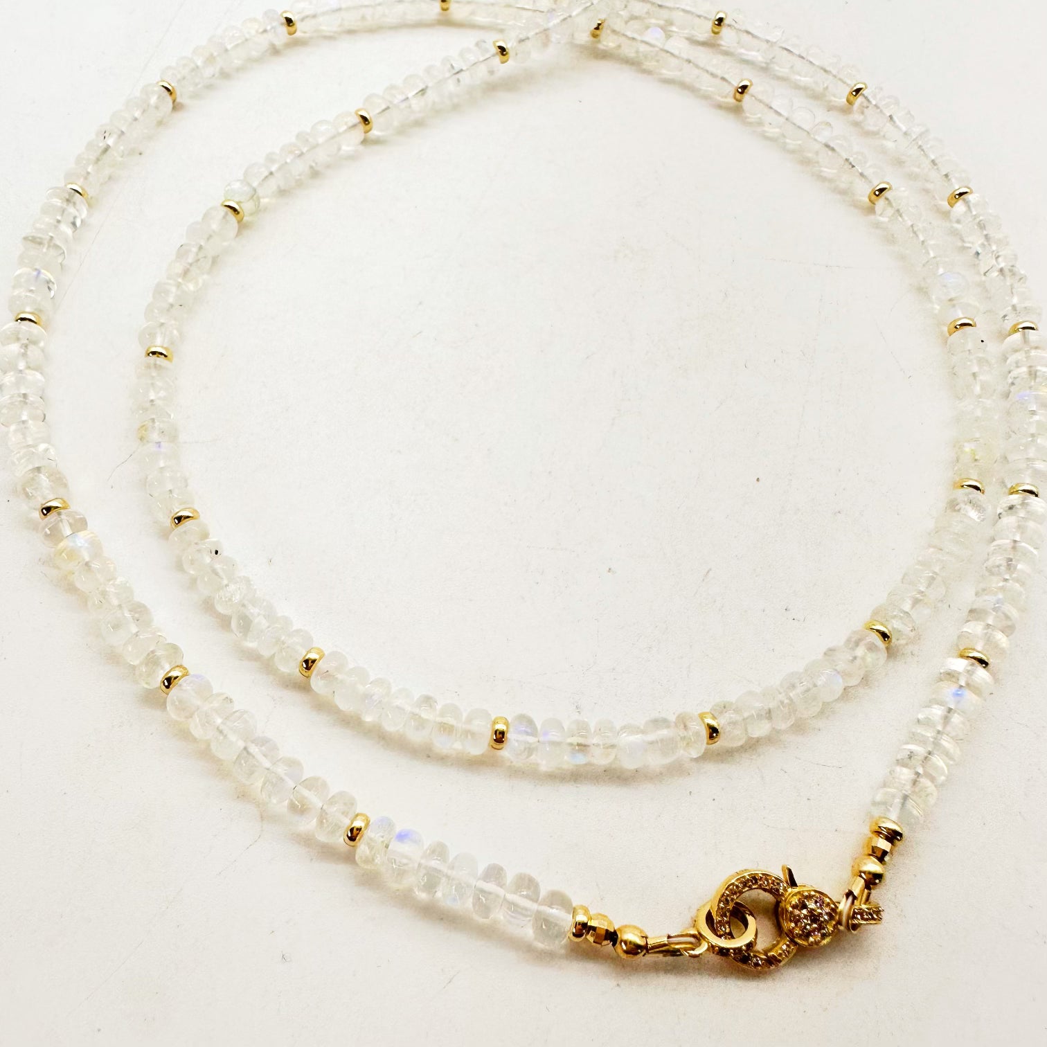 RAINBOW MOONSTONE NECKLACE WITH DIAMOND AND GOLD CLASP