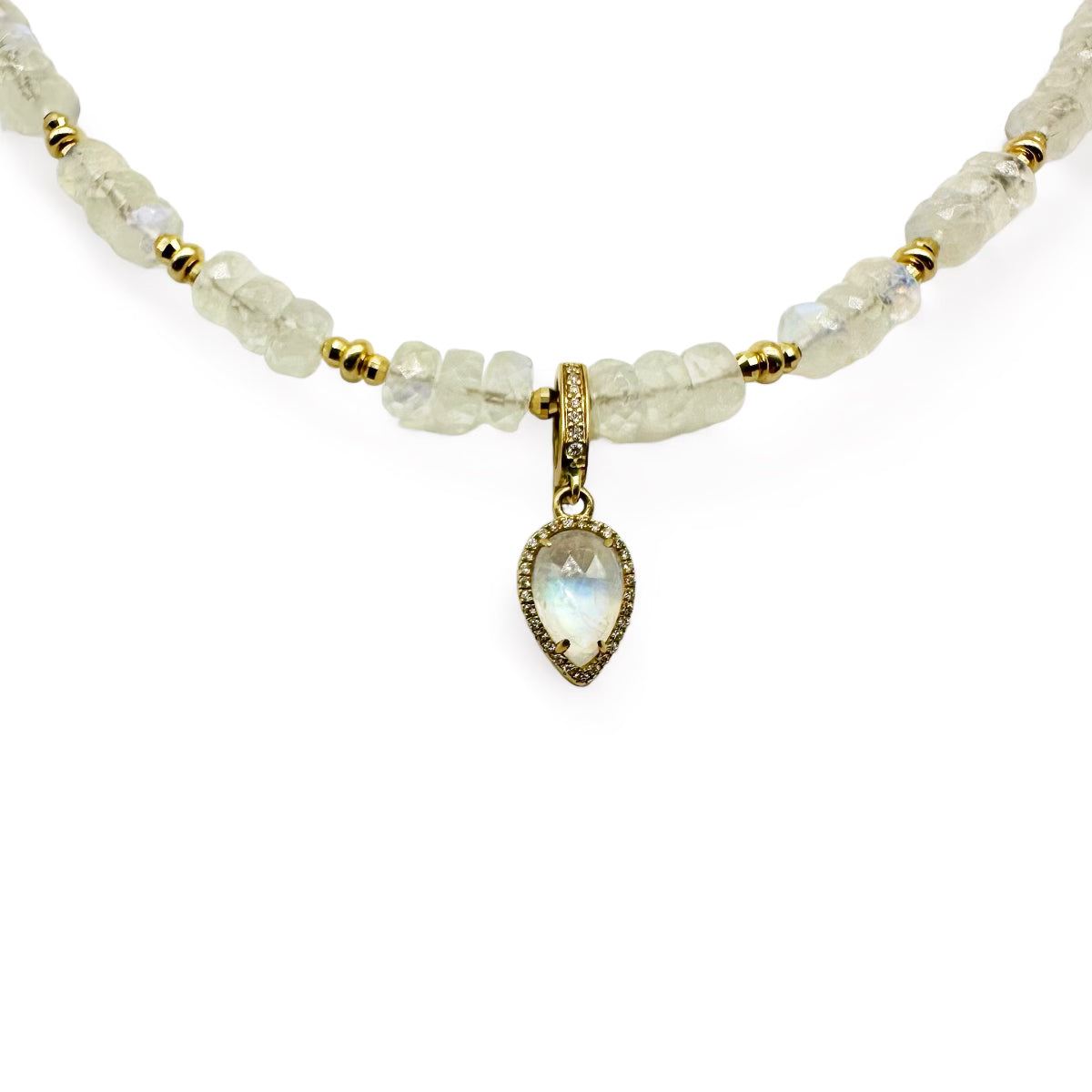 MOONSTONE NECKLACE WITH 14K GOLD, MOONSTONE AND DIAMOND PENDANT