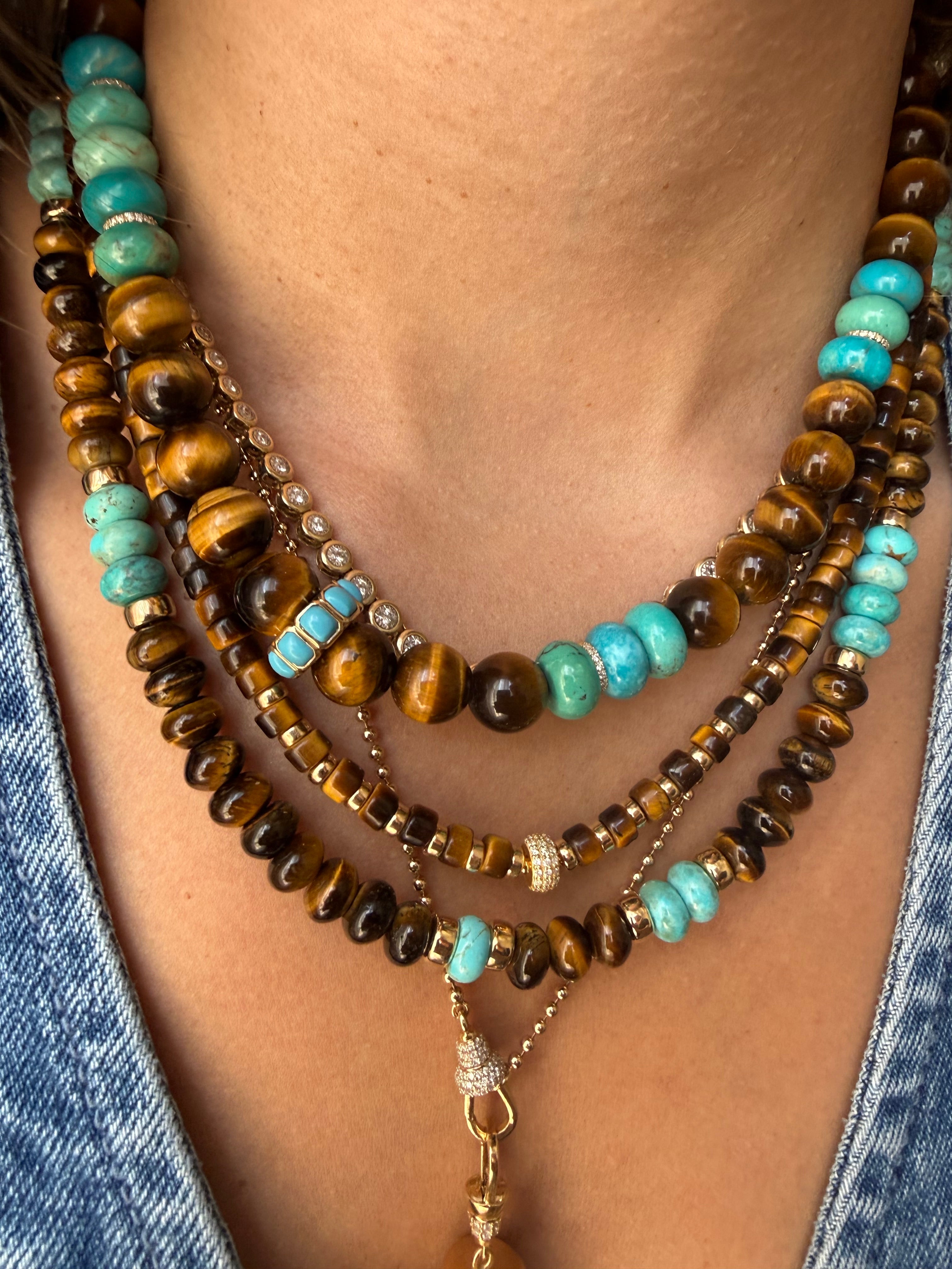 TURQUOISE, TIGERS EYE & DIAMOND BEADED NECKLACE