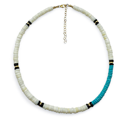 WHITE OPAL & TURQUOISE NECKLACE WITH 14K GOLD