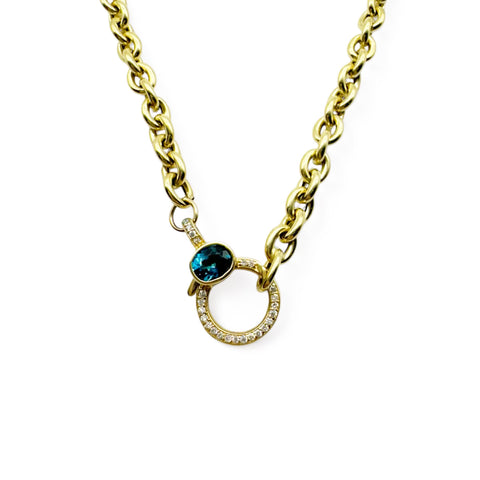 14K GOLD PUFFY ROLO CHAIN WITH TOPAZ & DIAMOND CLASP