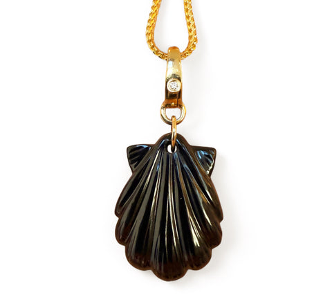BLACK CARVED GEMSTONE WITH 14K GOLD BAIL