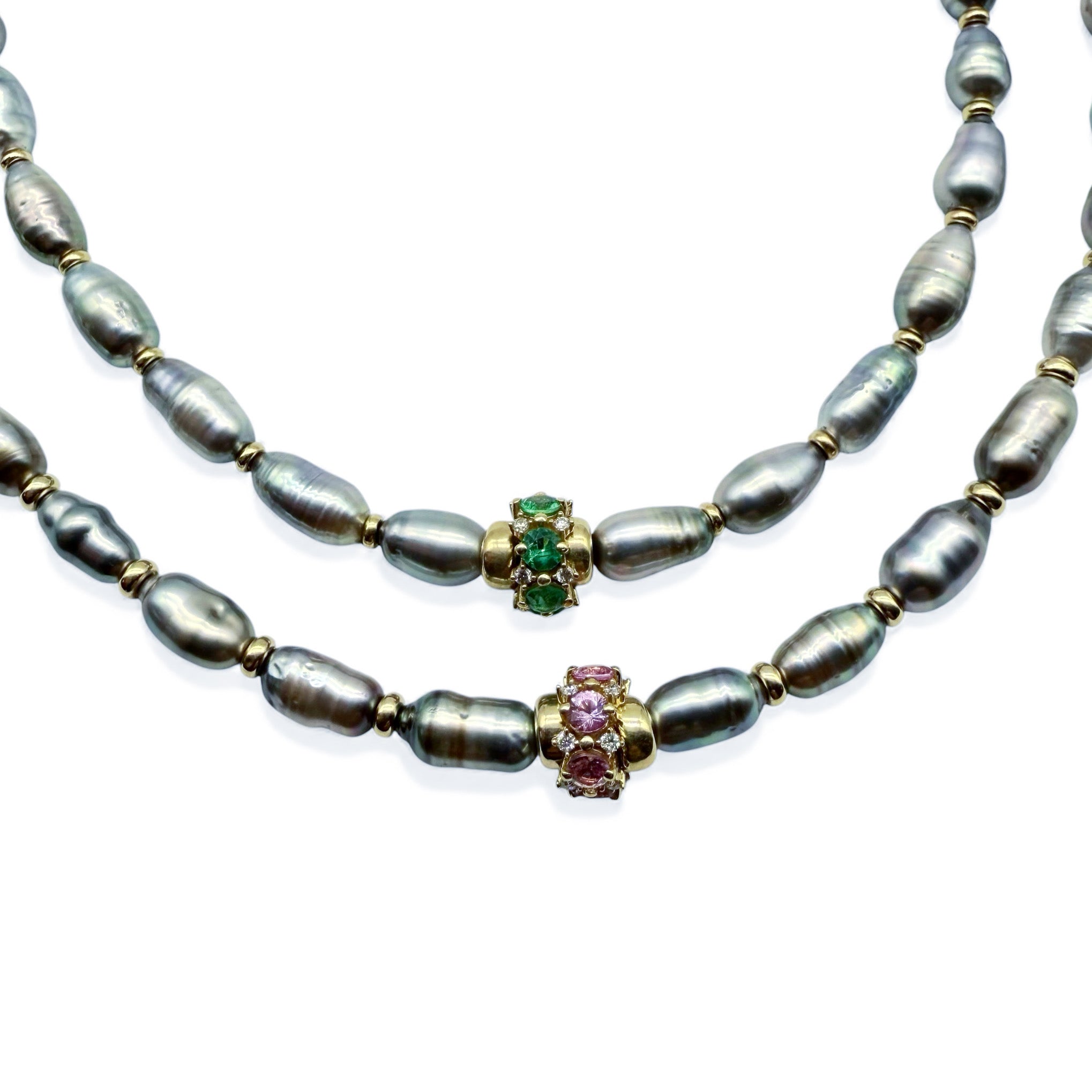 TAHITIAN PEARL AND 14K GOLD AND EMERALD/SAPPHIRE FOCAL BEAD
