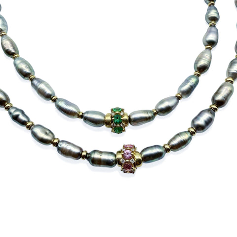 TAHITIAN PEARL AND 14K GOLD AND EMERALD/SAPPHIRE FOCAL BEAD