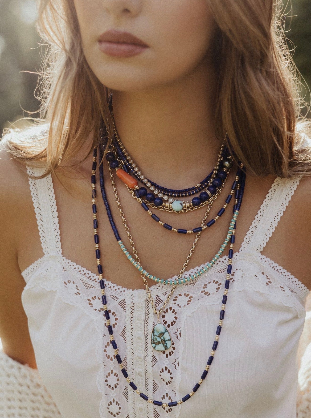 LAPIS, CORAL, TAHITIAN, TURQUOISE & DIAMOND NECKLACE