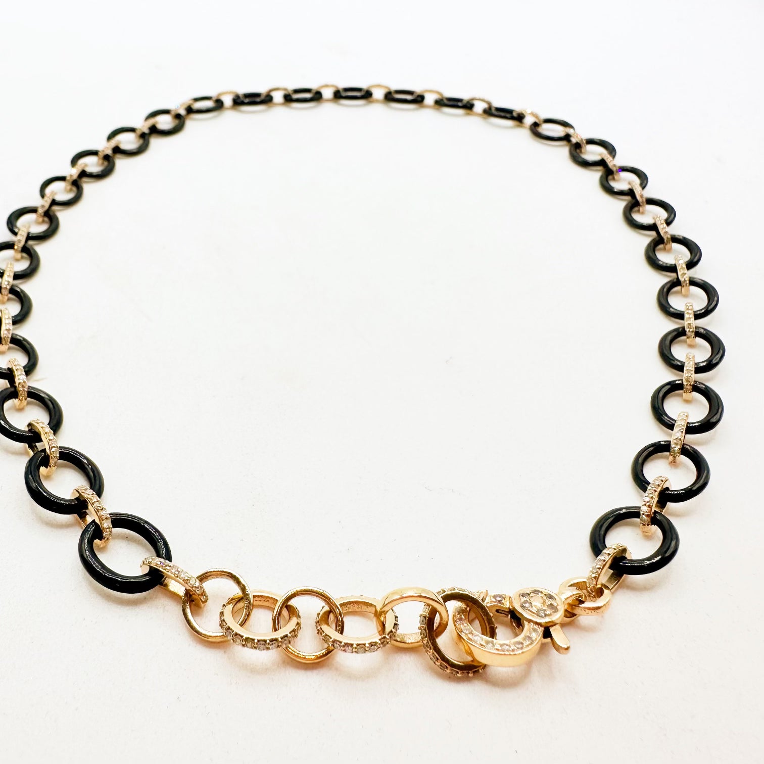 BLACK ONYX AND 14K GOLD AND DIAMOND LINK NECKLACE