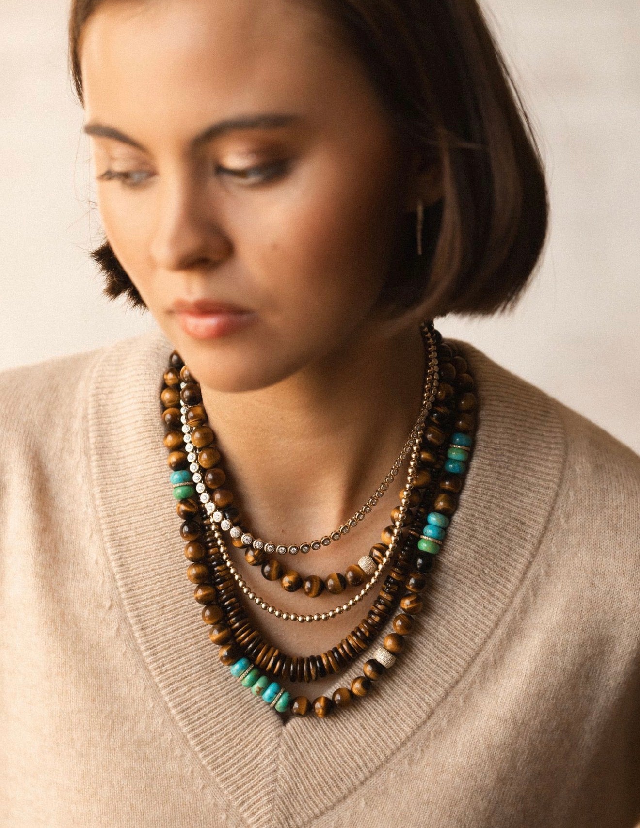 TIGERS EYE, TURQUOISE & DIAMOND BEADED NECKLACE