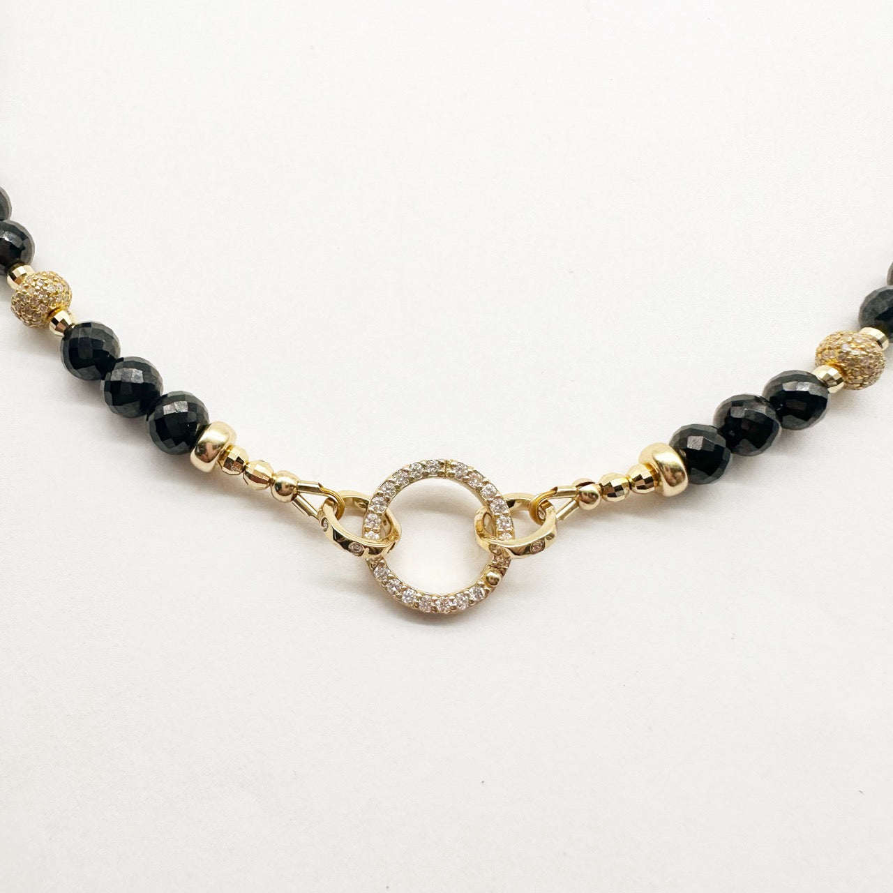 FACETED BLACK SPINEL NECKLACE WITH 14K GOLD & DIAMOND CHARM HOLDER