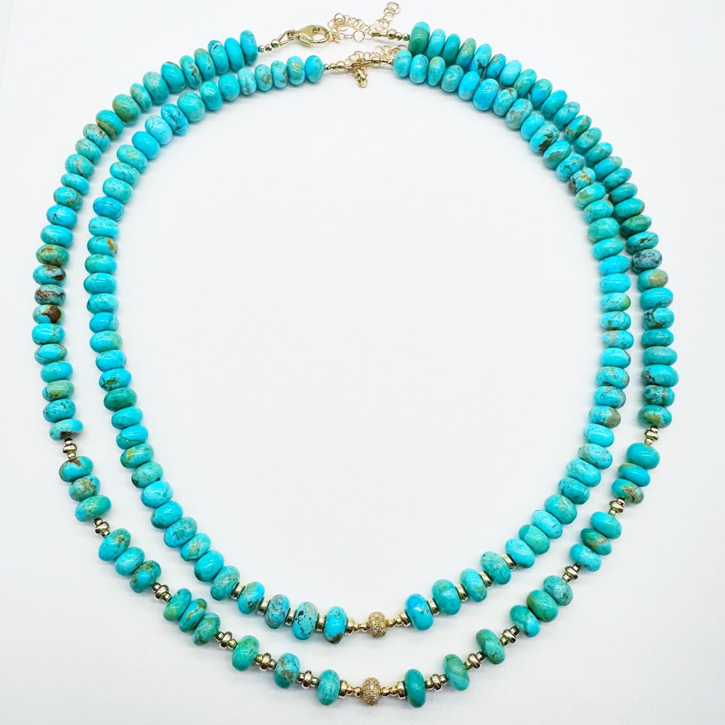 TURQUOISE AND 14K GOLD NECKLACES WITH DIAMOND BEAD