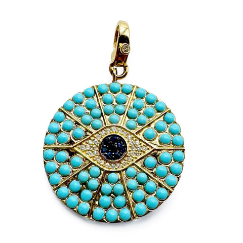 TURQUOISE AND 14K GOLD AND DIAMOND EVIL EYE AMULET