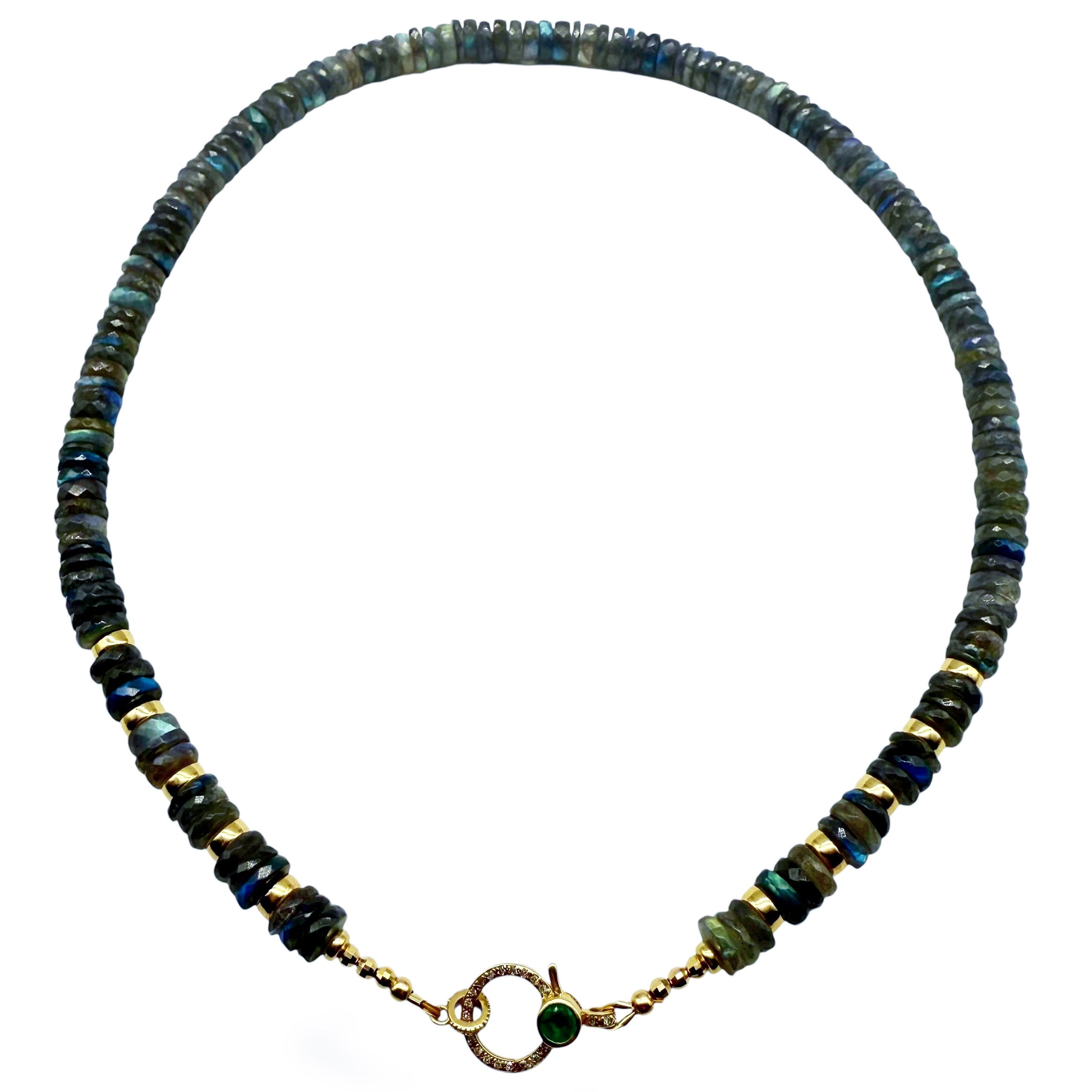 LABRADORITE 10MM HEISHI GEMSTONE NECKLACE WITH 14K GOLD AND EMERALD CLASP