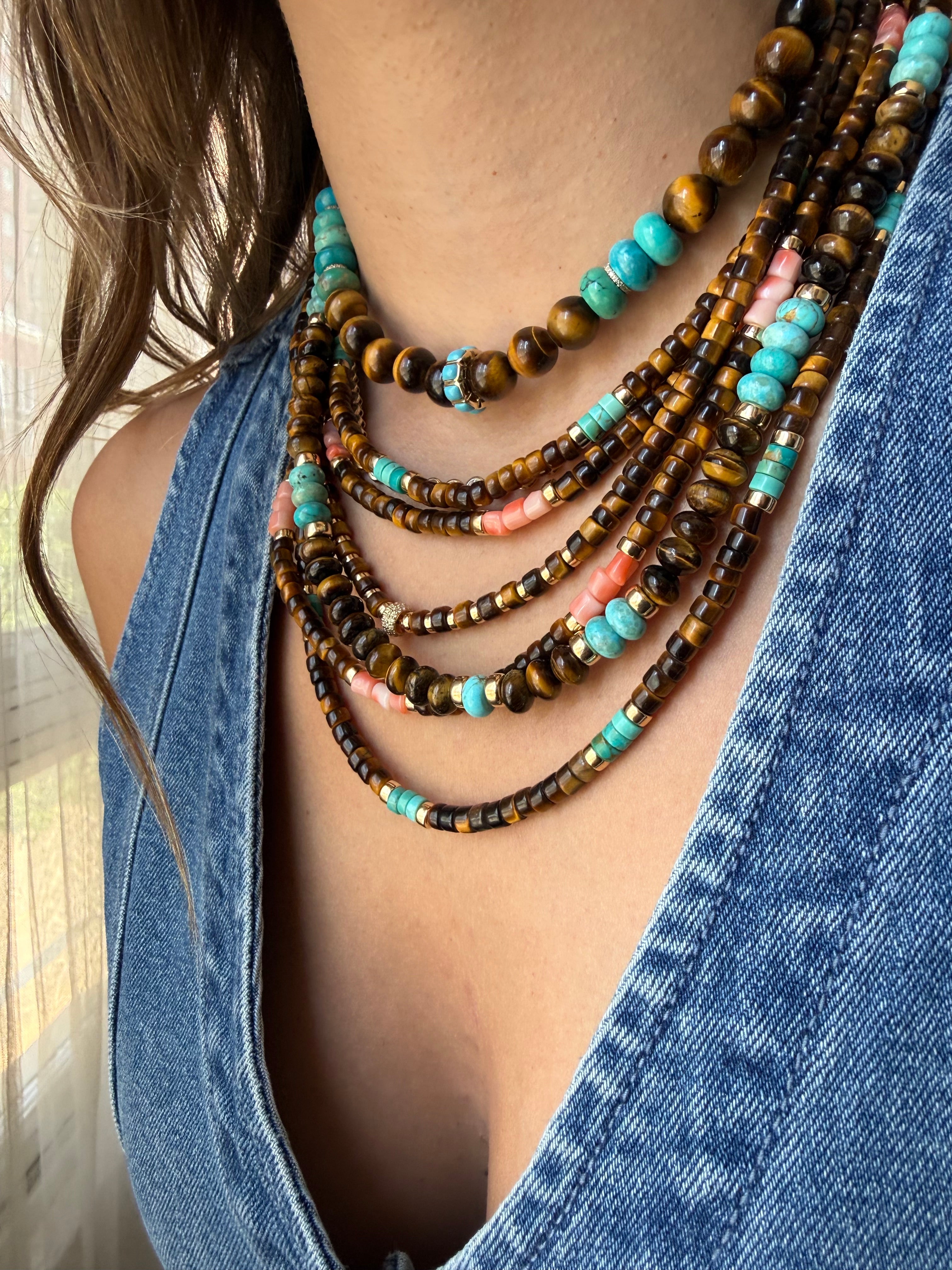 TIGERS EYE & CORAL OR TURQUOISE NECKLACES