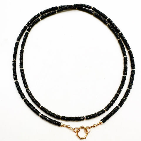 BLACK SPINEL NECKLACE WITH 14K GOLD AND WPIKE CHARM HOLDER