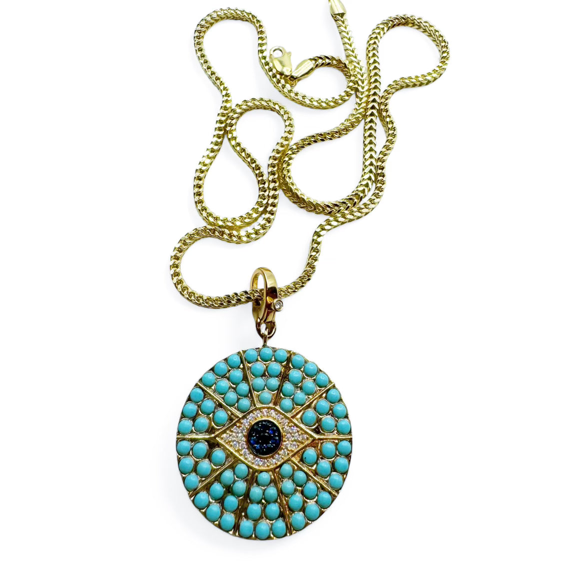 TURQUOISE AND 14K GOLD AND DIAMOND EVIL EYE AMULET