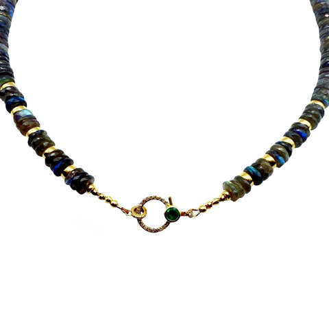 LABRADORITE 10MM HEISHI GEMSTONE NECKLACE WITH 14K GOLD AND EMERALD CLASP