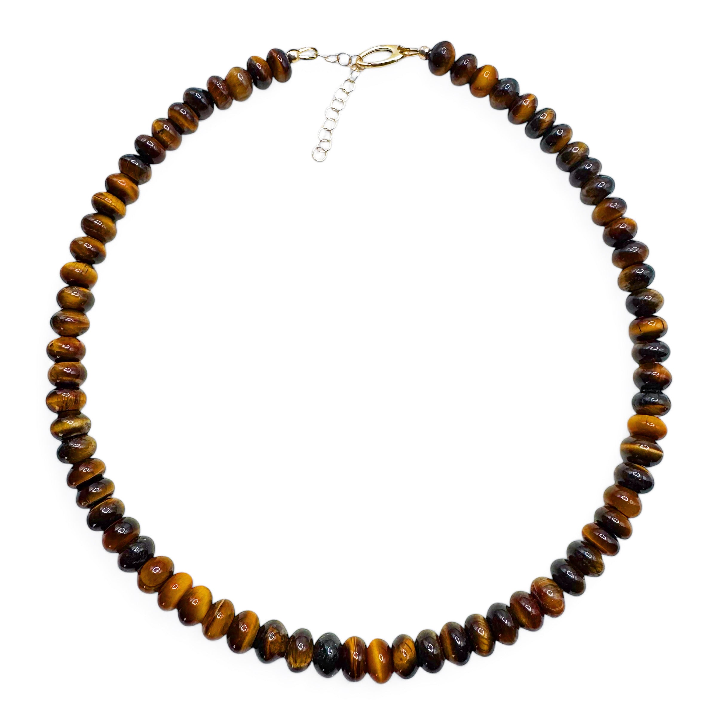 TIGERS EYE NECKLACE WITH 14K GOLD AND DIAMOND FRONT FACING CLASP