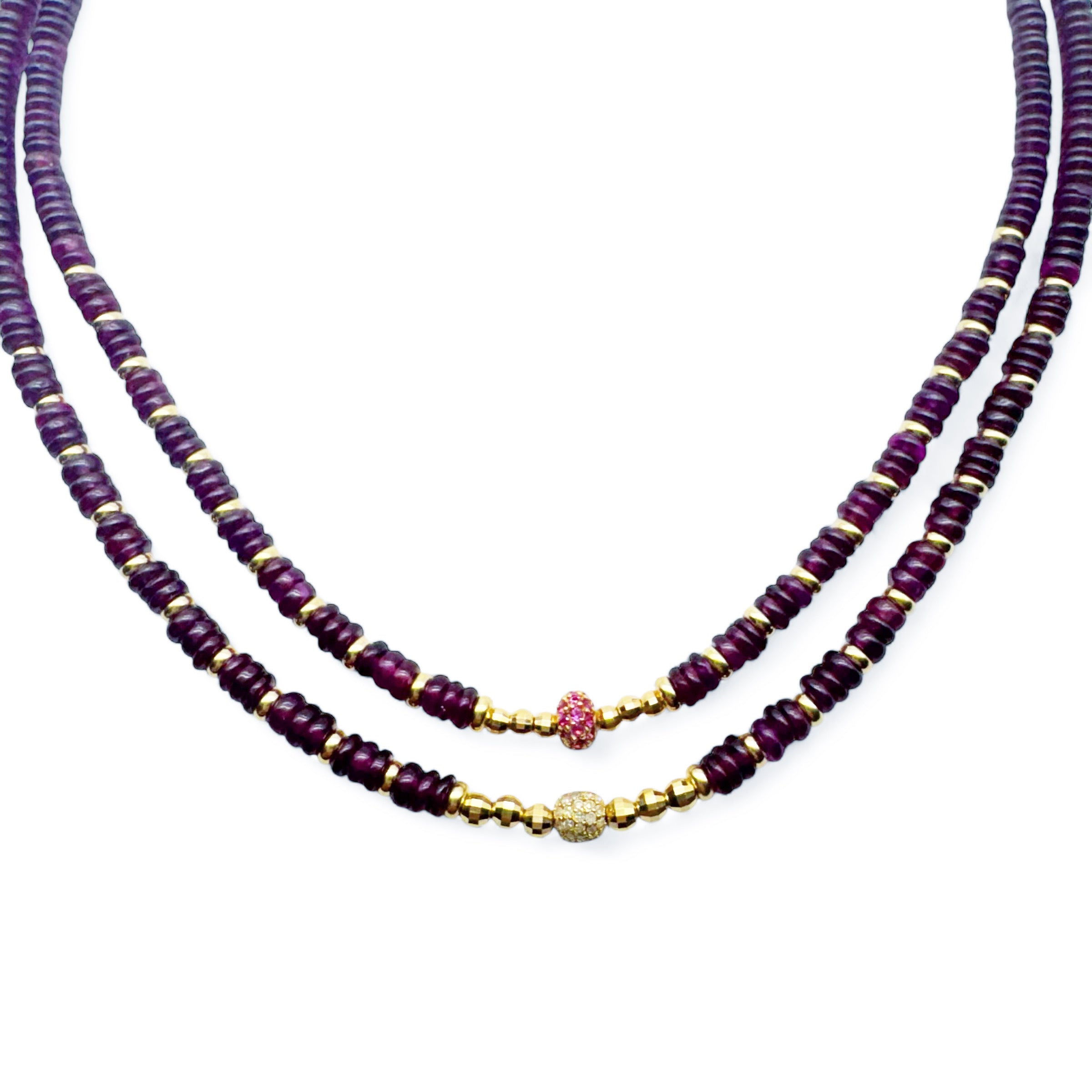 GARNET & 14K SOLID GOLD NECKLACE WITH DIAMOND OR RUBY FOCAL BEAD