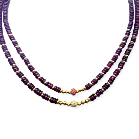 GARNET & 14K SOLID GOLD NECKLACE WITH DIAMOND OR RUBY FOCAL BEAD