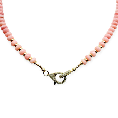 PINK OPAL NECKLACE WITH DIAMOND FRONT FACING CLASP