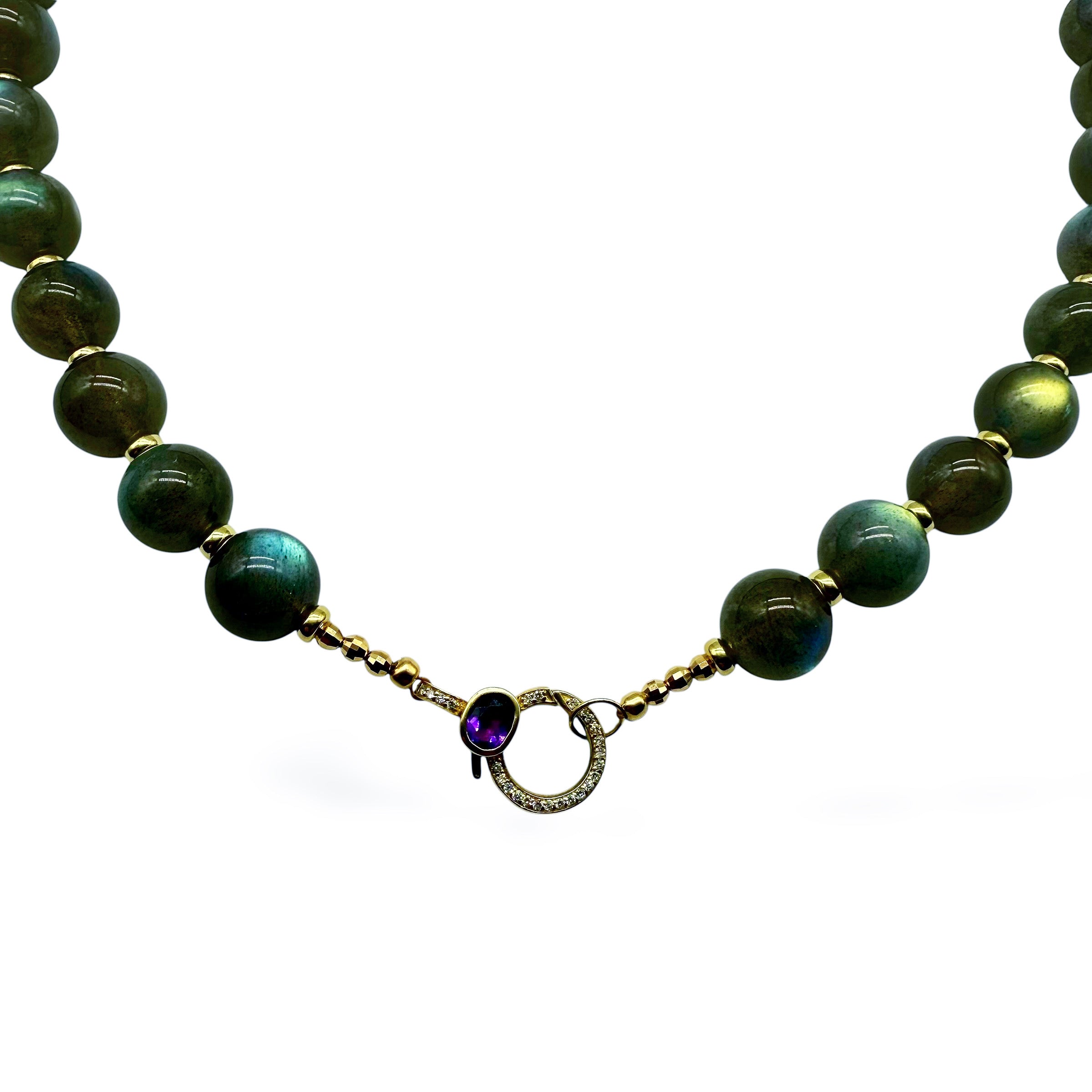 LABRADORITE BEADED ROUND NECKLACE WIRH AMETHYST AND DIAMOD CLASP
