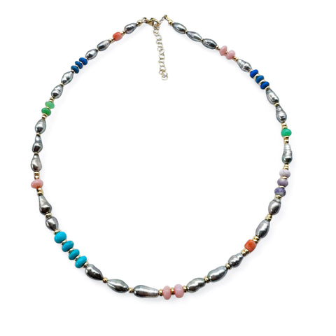 TAHITIAN KESHI PEARL NECKLACE WITH 14K GOLD AND MIXED GEMS. ONE OF A KIND.