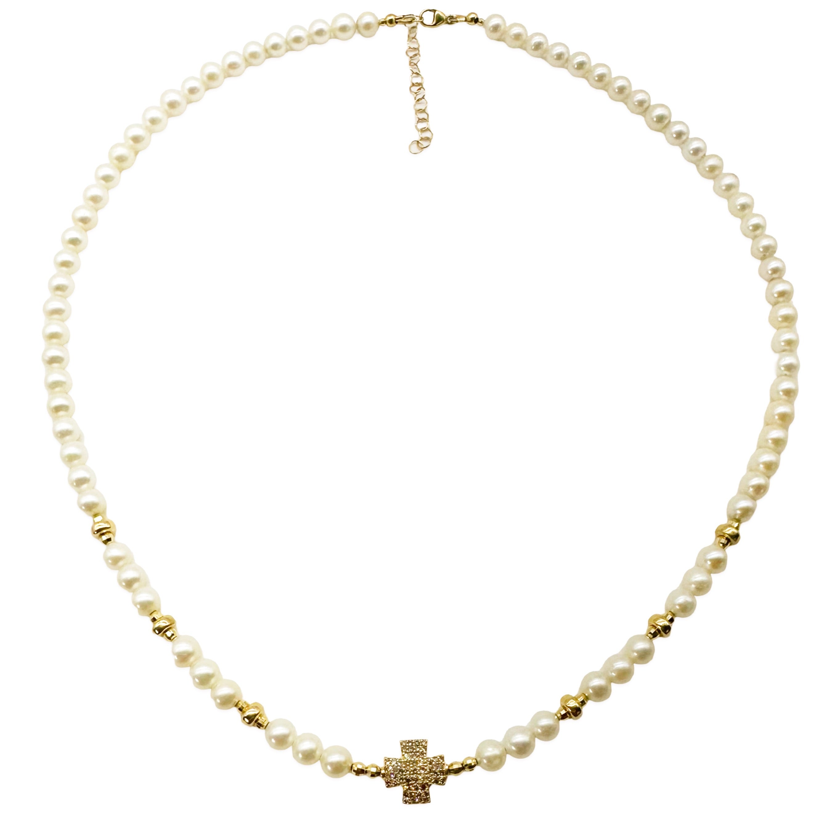 14K GOLD PEARL AND DIAMOND CROSS NECKLACE