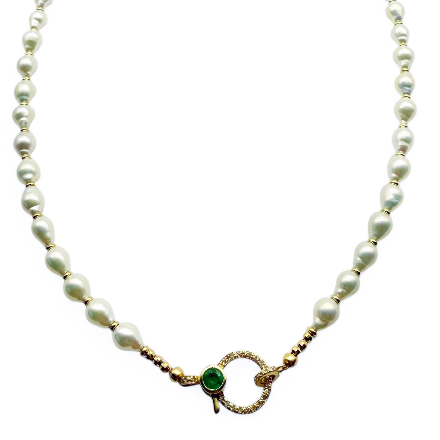 WHITE AKOYA PEARL NECKLACE WITH 14K DIAMOND AND EMERALD FRONT FACING CLASP