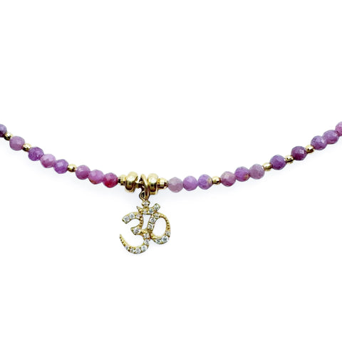 RUBY NECKLACE WITH 14K GOLD & DIAMOND OM CHARM