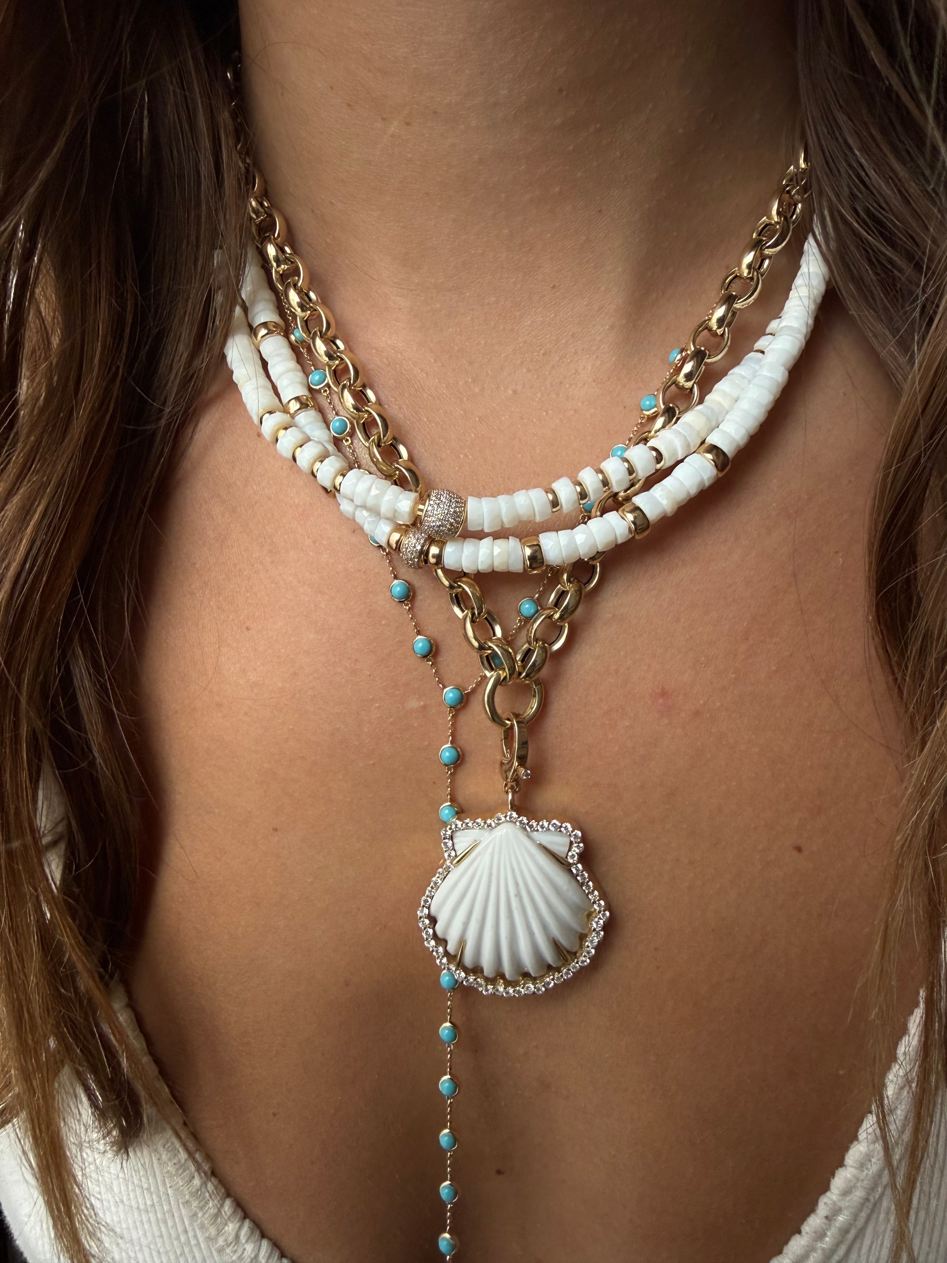 CARVED WHITE SHELL AMULET SET IN SOLID 14K GOLD WHITE DIAMONDS