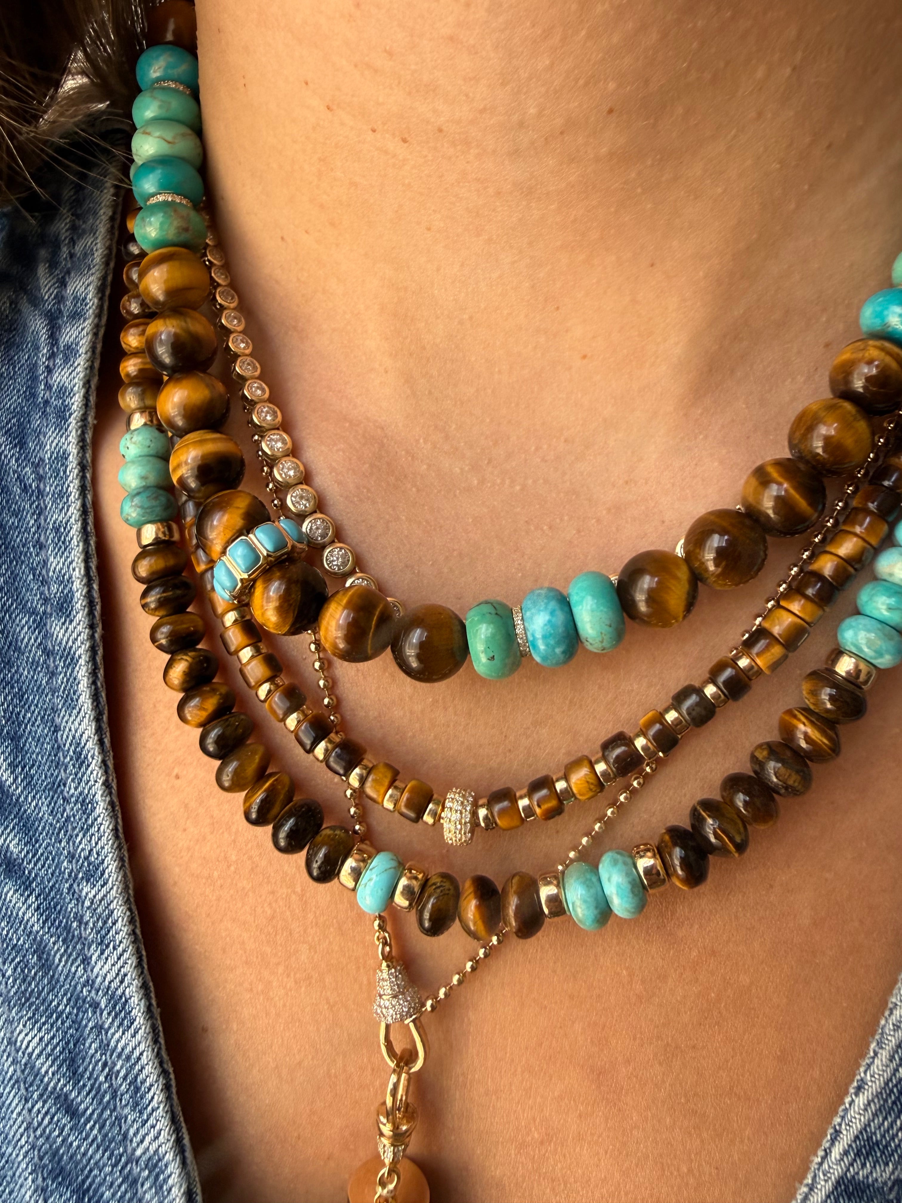 TURQUOISE, TIGERS EYE & DIAMOND BEADED NECKLACE