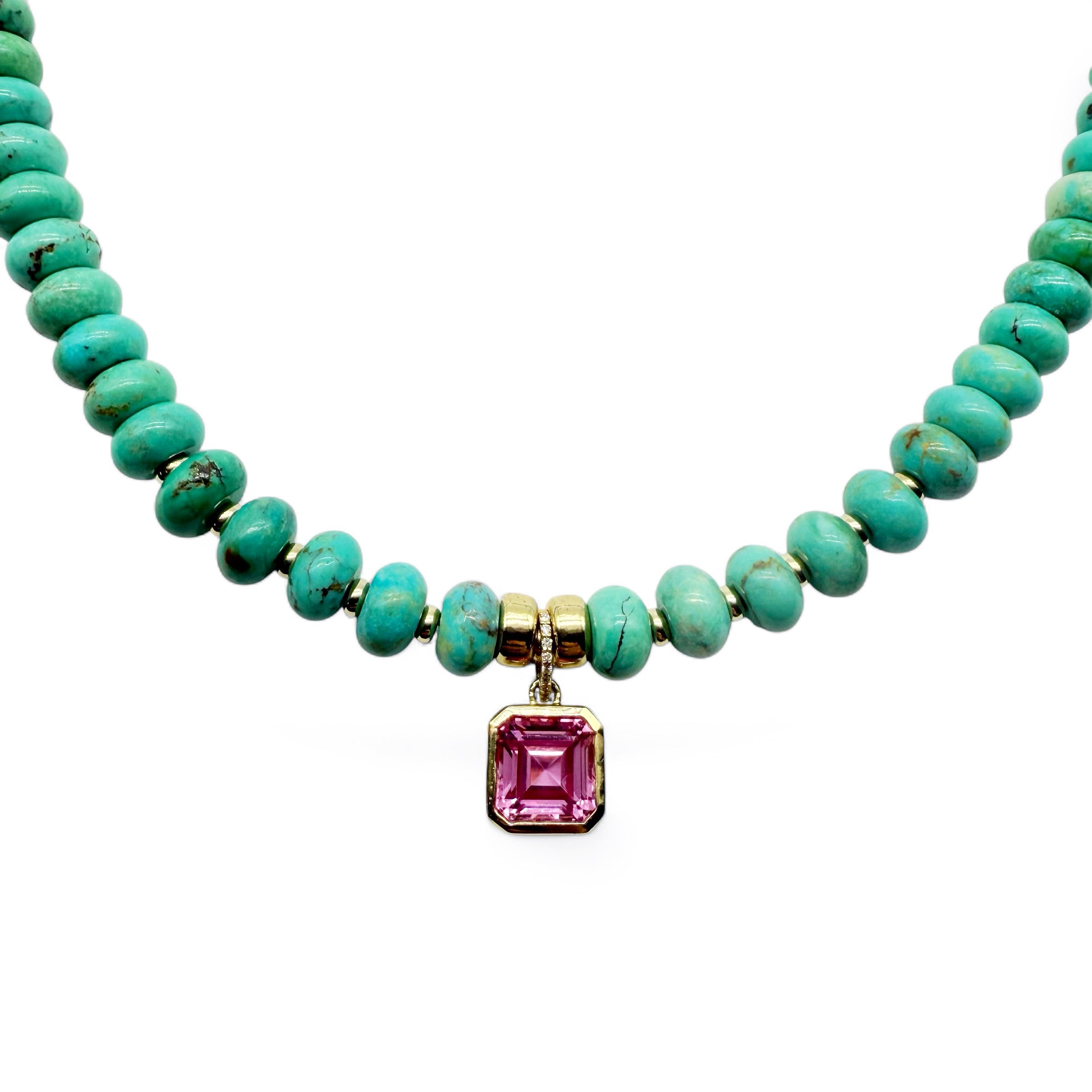 TURQUOISE GEMSTONE NECKLACE WITH PINK TOPAZ CHARM
