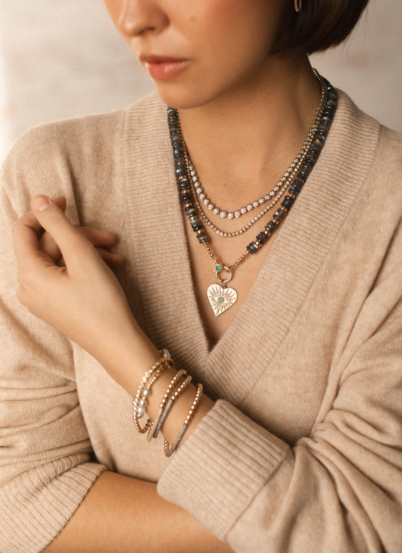 14K GOLD EMERALD DIAMOND EVIL EYE AMULET