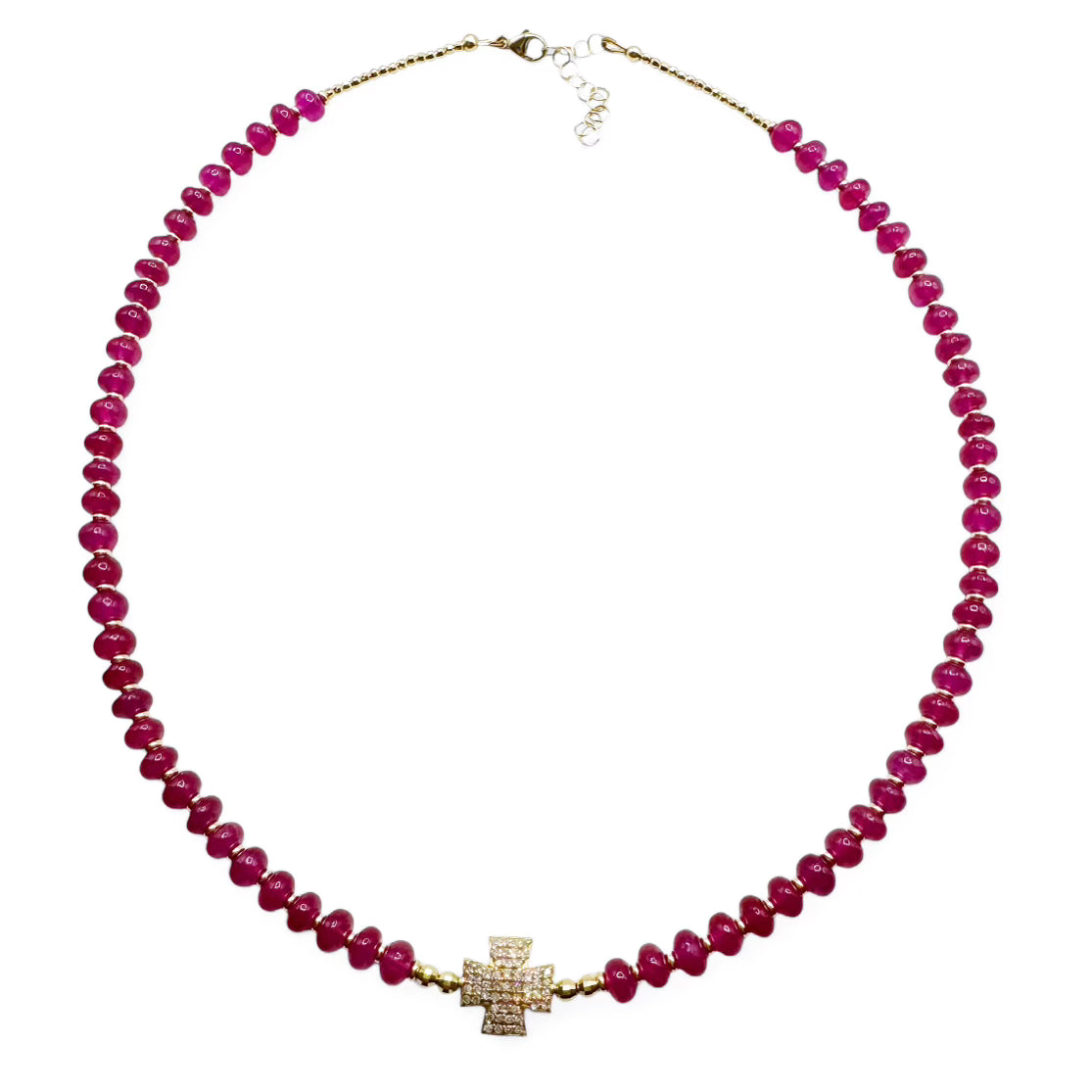 14K GOLD & RUBY NECKLACES. PLAIN STRAND WITH GOLD BEADS OR DIAMON CROSS STYLE