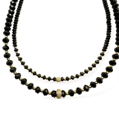 BLACK SPINEL & 14k GOLD STACKER NECKLACES WITH DIAMOND BEAD