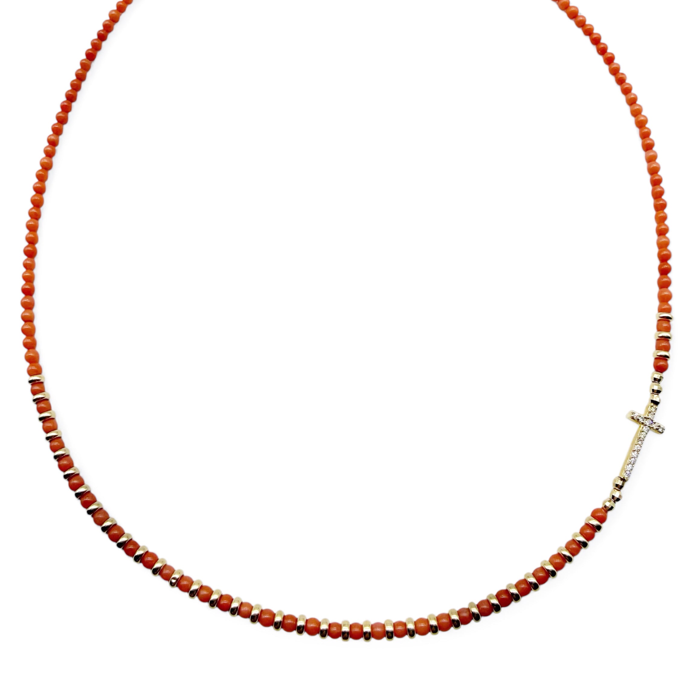 14K GOLD & DIAMOND CROSS CORAL NECKLACE