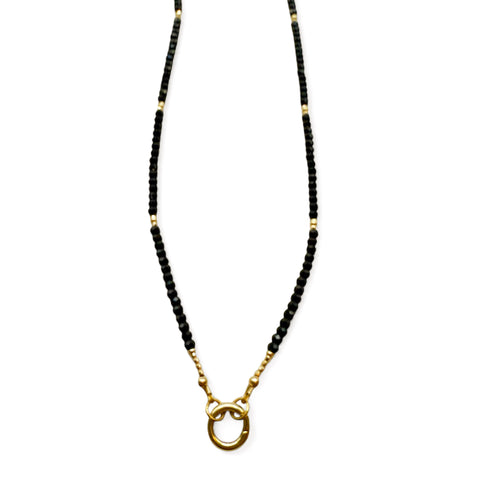 BLACK SPINEL & 14K GOLD NECKLACE WITH CHARM HOLDER