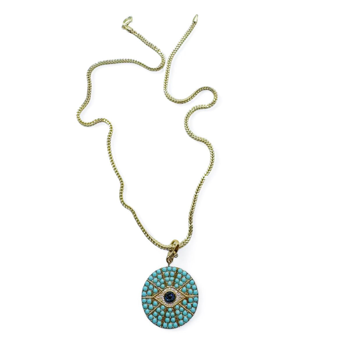 TURQUOISE AND 14K GOLD AND DIAMOND EVIL EYE AMULET